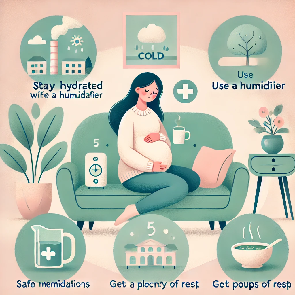 DALL·E 2024 11 27 13.38.52 An educational illustration titled Pregnancy and Cold 5 Solutions for Treatment. The image features a pregnant woman sitting comfortably on a sofa