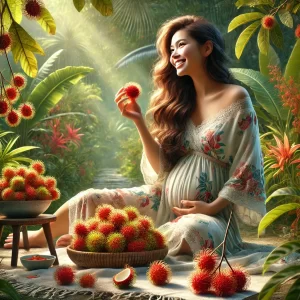 DALL·E 2024 12 04 15.24.31 A digital painting of a pregnant woman eating rambutans. She is sitting outdoors in a tropical garden surrounded by lush greenery and colorful flowers